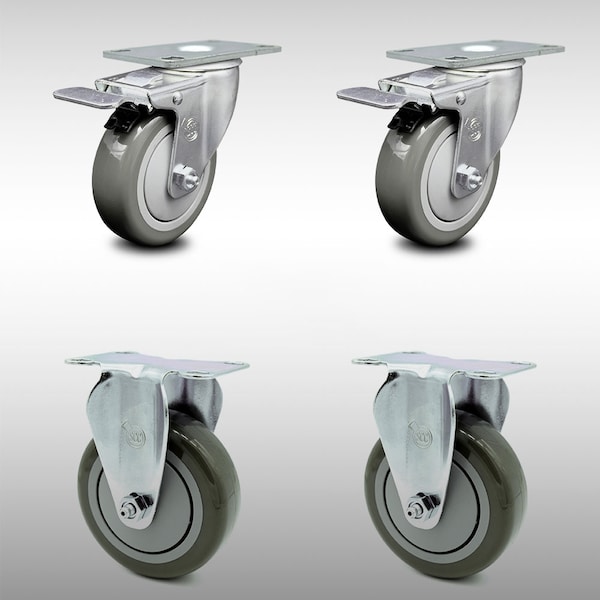 4 Inch SS Gray Polyurethane Top Plate Caster Lock Brake 2 Rigid SCC, 2PK